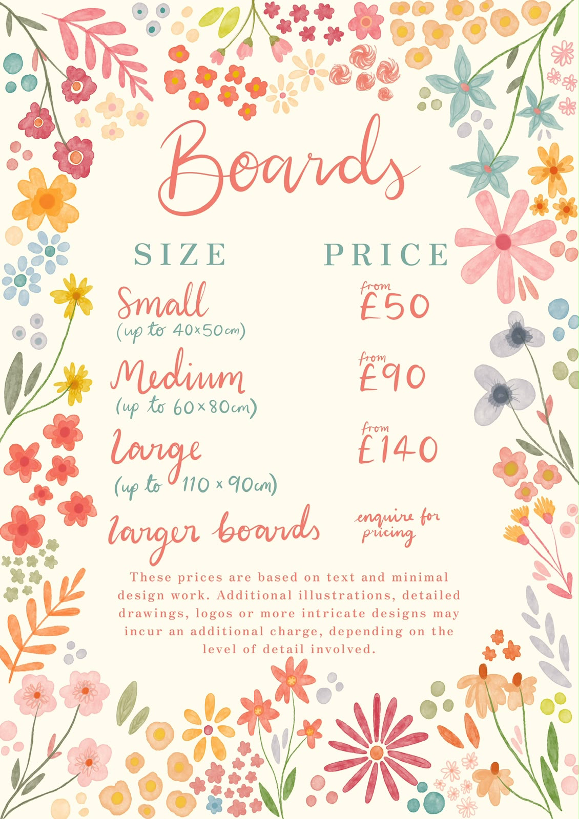 My illustrated size and price guide: small designs up to 40 by 50 centimetres from £50, medium up to 60 by 80 centimetres from £90, large up to 110 by 90 centimetres from £140, and larger designs priced on enquiry.